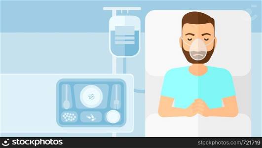 A hipster man with the beard lying in hospital bed with oxygen mask while blood transfusion is running vector flat design illustration. Horizontal layout.. Patient lying in hospital bed.