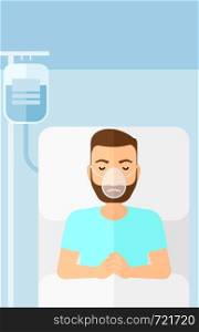 A hipster man with the beard lying in hospital bed with oxygen mask while blood transfusion is running vector flat design illustration. Vertical layout.. Patient lying in hospital bed.