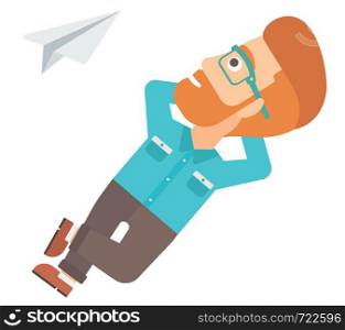 A hipster man with the beard lying on a cloud and looking at flying paper plane vector flat design illustration isolated on white background. . Businessman relaxing on cloud.