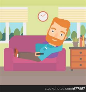 A hipster man with the beard lying on a sofa and watching tv with a remote control in his hand vector flat design illustration. Square layout.. Man lying on sofa.
