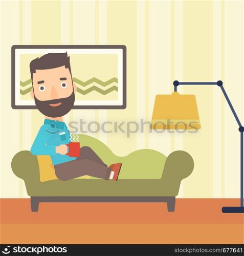 A hipster man with the beard lying on sofa in living room and holding a cup of hot flavored tea vector flat design illustration. Square layout.. Man lying with cup of tea.