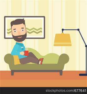 A hipster man with the beard lying on sofa in living room and holding a cup of hot flavored tea vector flat design illustration. Square layout.. Man lying with cup of tea.