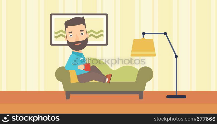 A hipster man with the beard lying on sofa in living room and holding a cup of hot flavored tea vector flat design illustration. Horizontal layout.. Man lying with cup of tea.