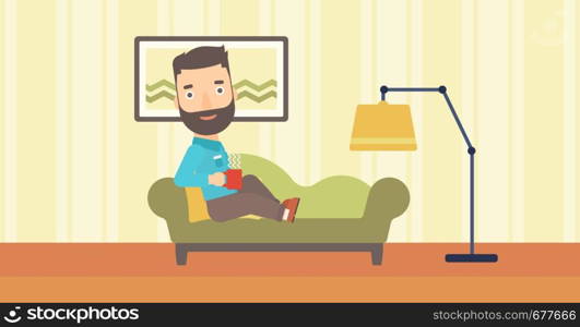 A hipster man with the beard lying on sofa in living room and holding a cup of hot flavored tea vector flat design illustration. Horizontal layout.. Man lying with cup of tea.