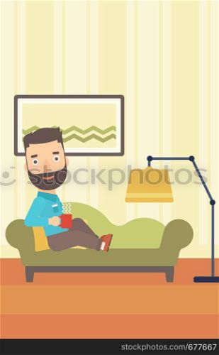 A hipster man with the beard lying on sofa in living room and holding a cup of hot flavored tea vector flat design illustration. Vertical layout.. Man lying with cup of tea.