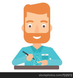A hipster man with the beard making a model with a 3D pen vector flat design illustration isolated on white background. . Man using three D pen.