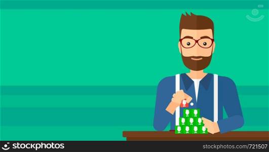 A hipster man with the beard making pyramid of avatars on a light green background vector flat design illustration. Horizontal layout.. Social network connection.
