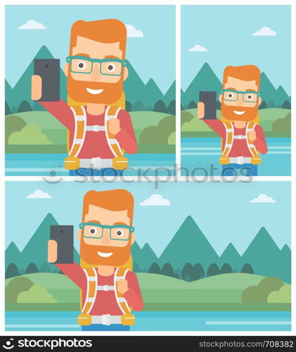 A hipster man with the beard making selfie on the background of mountains. Man with backpack taking photo with cellphone. Vector flat design illustration. Square, horizontal, vertical layouts.. Man with backpack making selfie.