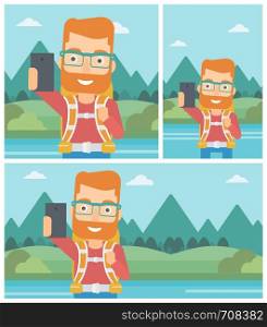 A hipster man with the beard making selfie on the background of mountains. Man with backpack taking photo with cellphone. Vector flat design illustration. Square, horizontal, vertical layouts.. Man with backpack making selfie.