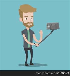 A hipster man with the beard making selfie with a selfie-stick. Smiling man taking photo with cellphone. Young man taking selfie and waving his hand. Vector flat design illustration. Square layout.. Man making selfie vector illustration.