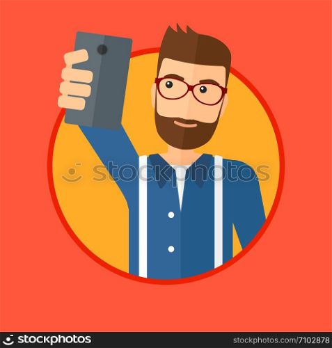 A hipster man with the beard making selfie. Young man taking photo with cellphone. Man looking at smartphone and taking selfie. Vector flat design illustration in the circle isolated on background.. Man making selfie.