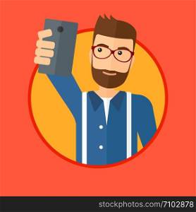 A hipster man with the beard making selfie. Young man taking photo with cellphone. Man looking at smartphone and taking selfie. Vector flat design illustration in the circle isolated on background.. Man making selfie.