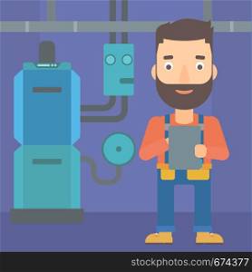 A hipster man with the beard making some notes in his tablet on a background of domestic household boiler room with heating system and pipes vector flat design illustration. Square layout.. Confident builder with tablet.