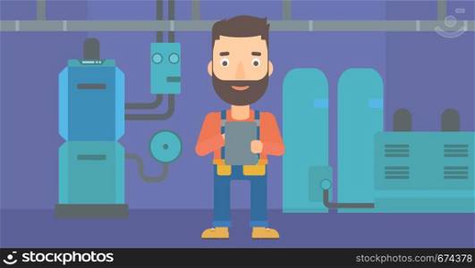 A hipster man with the beard making some notes in his tablet on a background of domestic household boiler room with heating system and pipes vector flat design illustration. Horizontal layout.. Confident builder with tablet.
