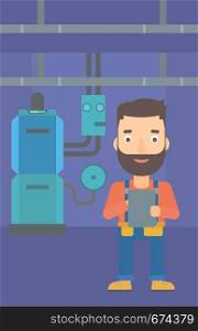 A hipster man with the beard making some notes in his tablet on a background of domestic household boiler room with heating system and pipes vector flat design illustration. Vertical layout.. Confident builder with tablet.