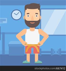 A hipster man with the beard measuring his waistline with a tape in the gym vector flat design illustration. Square layout.. Man measuring waist.