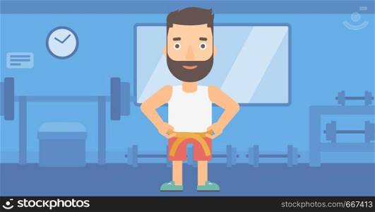 A hipster man with the beard measuring his waistline with a tape in the gym vector flat design illustration. Horizontal layout.. Man measuring waist.