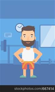 A hipster man with the beard measuring his waistline with a tape in the gym vector flat design illustration. Vertical layout.. Man measuring waist.