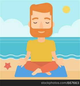 A hipster man with the beard meditating in lotus pose on the beach vector flat design illustration. Square layout.. Man meditating in lotus pose.