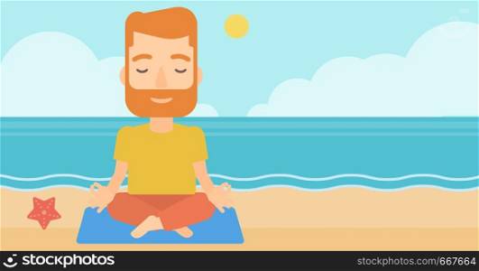 A hipster man with the beard meditating in lotus pose on the beach vector flat design illustration. Horizontal layout.. Man meditating in lotus pose.