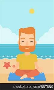A hipster man with the beard meditating in lotus pose on the beach vector flat design illustration. Vertical layout.. Man meditating in lotus pose.