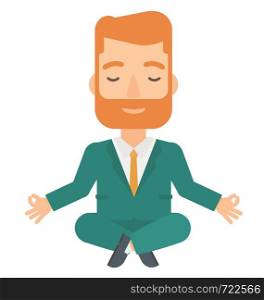 A hipster man with the beard meditating in lotus pose vector flat design illustration isolated on white background. . Man practicing yoga.