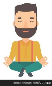 A hipster man with the beard meditating in lotus pose vector flat design illustration isolated on white background. . Man practicing yoga.