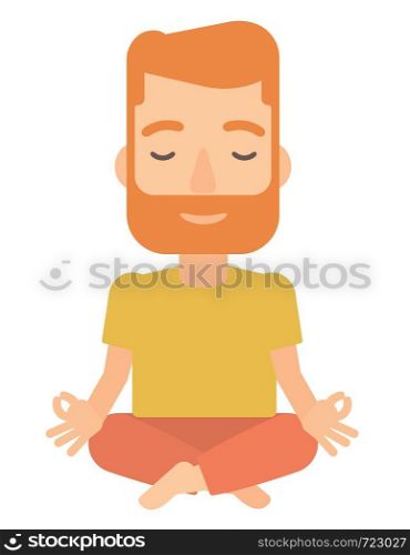 A hipster man with the beard meditating in lotus pose vector flat design illustration isolated on white background.. Man meditating in lotus pose.