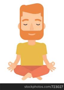 A hipster man with the beard meditating in lotus pose vector flat design illustration isolated on white background.. Man meditating in lotus pose.