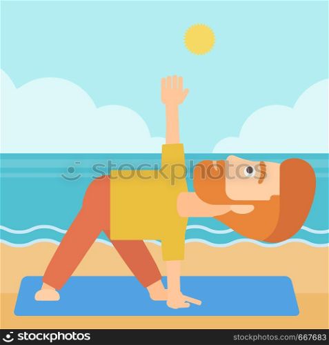A hipster man with the beard meditating in yoga triangle pose on the beach vector flat design illustration. Square layout.. Man practicing yoga.