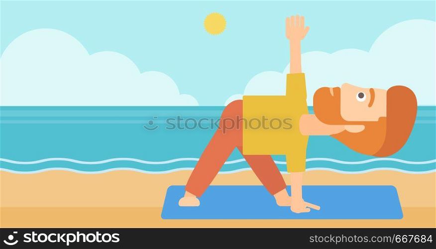 A hipster man with the beard meditating in yoga triangle pose on the beach vector flat design illustration. Horizontal layout.. Man practicing yoga.