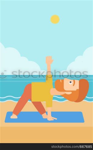 A hipster man with the beard meditating in yoga triangle pose on the beach vector flat design illustration. Vertical layout.. Man practicing yoga.