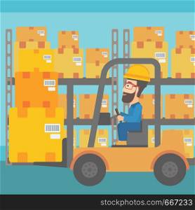 A hipster man with the beard moving load by forklift truck on the background of warehouse vector flat design illustration. Square layout.. Warehouse worker moving load by forklift truck.