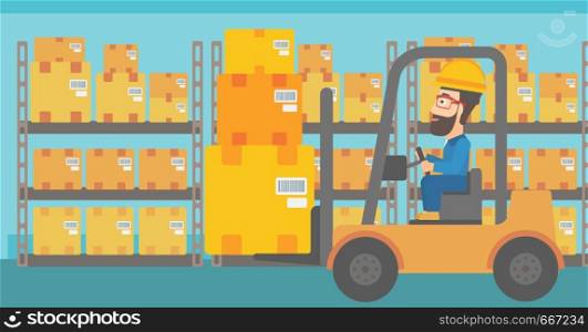 A hipster man with the beard moving load by forklift truck on the background of warehouse vector flat design illustration. Horizontal layout.. Warehouse worker moving load by forklift truck.