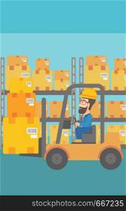 A hipster man with the beard moving load by forklift truck on the background of warehouse vector flat design illustration. Vertical layout.. Warehouse worker moving load by forklift truck.