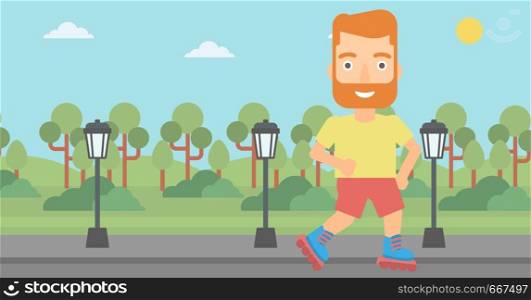 A hipster man with the beard on the roller-skates in the park vector flat design illustration. Horizontal layout.. Sporty man on roller-skates.
