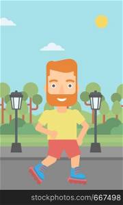 A hipster man with the beard on the roller-skates in the park vector flat design illustration. Vertical layout.. Sporty man on roller-skates.