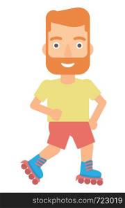 A hipster man with the beard on the roller-skates vector flat design illustration isolated on white background.. Sporty man on roller-skates.
