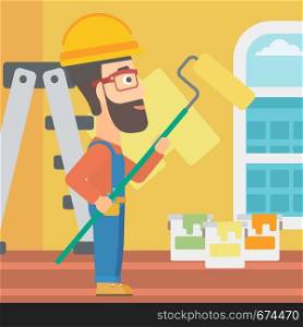 A hipster man with the beard painting walls with a paint roller vector flat design illustration. Square layout.. Painter with paint roller.