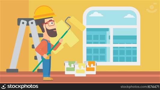 A hipster man with the beard painting walls with a paint roller vector flat design illustration. Horizontal layout.. Painter with paint roller.