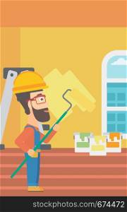 A hipster man with the beard painting walls with a paint roller vector flat design illustration. Vertical layout.. Painter with paint roller.