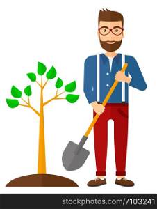 A hipster man with the beard plants a tree vector flat design illustration isolated on white background. Vertical layout.. Man plants tree.