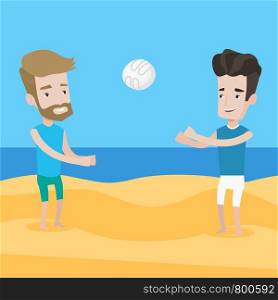 A hipster man with the beard playing beach volleyball with his friend. Two caucasian men having fun while playing beach volleyball during summer holiday. Vector flat design illustration. Square layout. Two men playing beach volleyball.