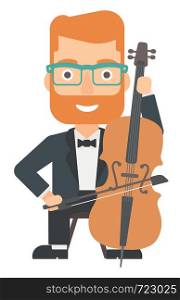 A hipster man with the beard playing cello vector flat design illustration isolated on white background.. Man playing cello.