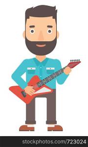 A hipster man with the beard playing electric guitar vector flat design illustration isolated on white background.. Musician playing electric guitar.