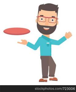 A hipster man with the beard playing flying disc vector flat design illustration isolated on white background.. Man playing flying disc.