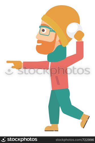 A hipster man with the beard playing in snowballs vector flat design illustration isolated on white background.. Man playing in snowballs.