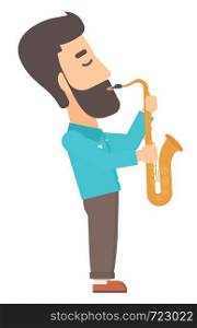 A hipster man with the beard playing saxophone vector flat design illustration isolated on white background.. Man playing saxophone.