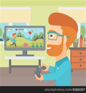 A hipster man with the beard playing video game with gamepad in hands in living room vector flat design illustration. Square layout.. Man playing video game.