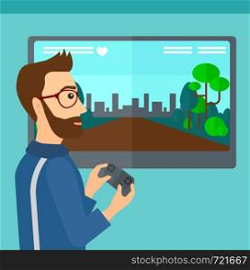 A hipster man with the beard playing video game with gamepad in hands vector flat design illustration. Square layout.. Man playing video game.
